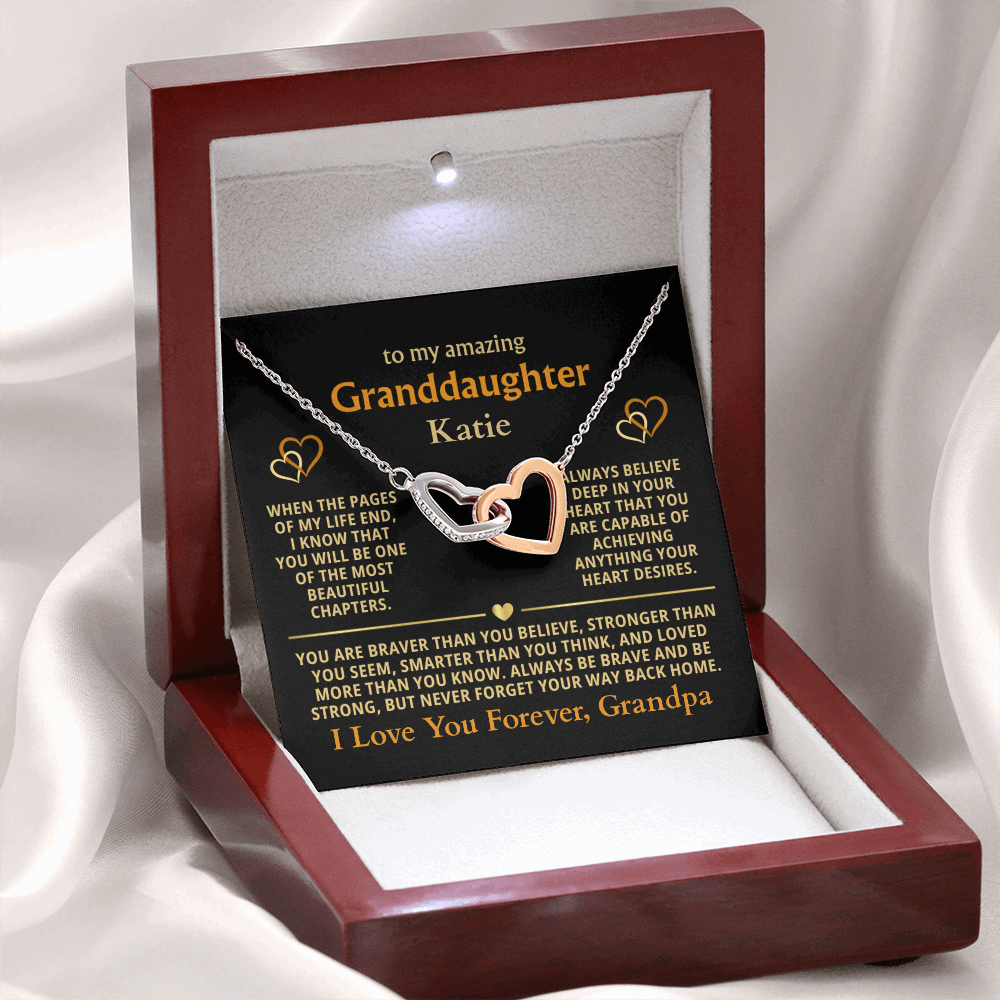 Personalized Granddaughter Gift Necklace - Interlocking Hearts Necklace with Message from Grandma or Grandpa
