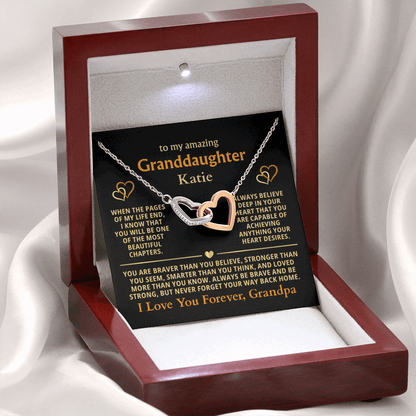 Personalized Granddaughter Gift Necklace - Interlocking Hearts Necklace with Message from Grandma or Grandpa