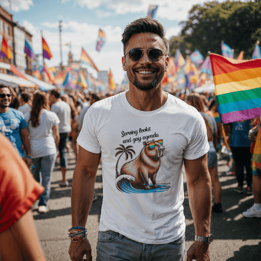 Pride Capybara Funny Unisex T-Shirt ''Serving Looks and Gay Agenda'' LGBT gift