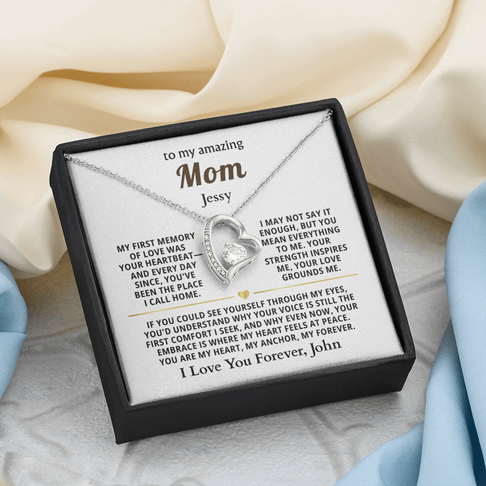 Personalized To My Mom Necklace - From Son or Daughter - Heartfelt Gift Set for Christmas, Mother's Day or Birthday (white card)