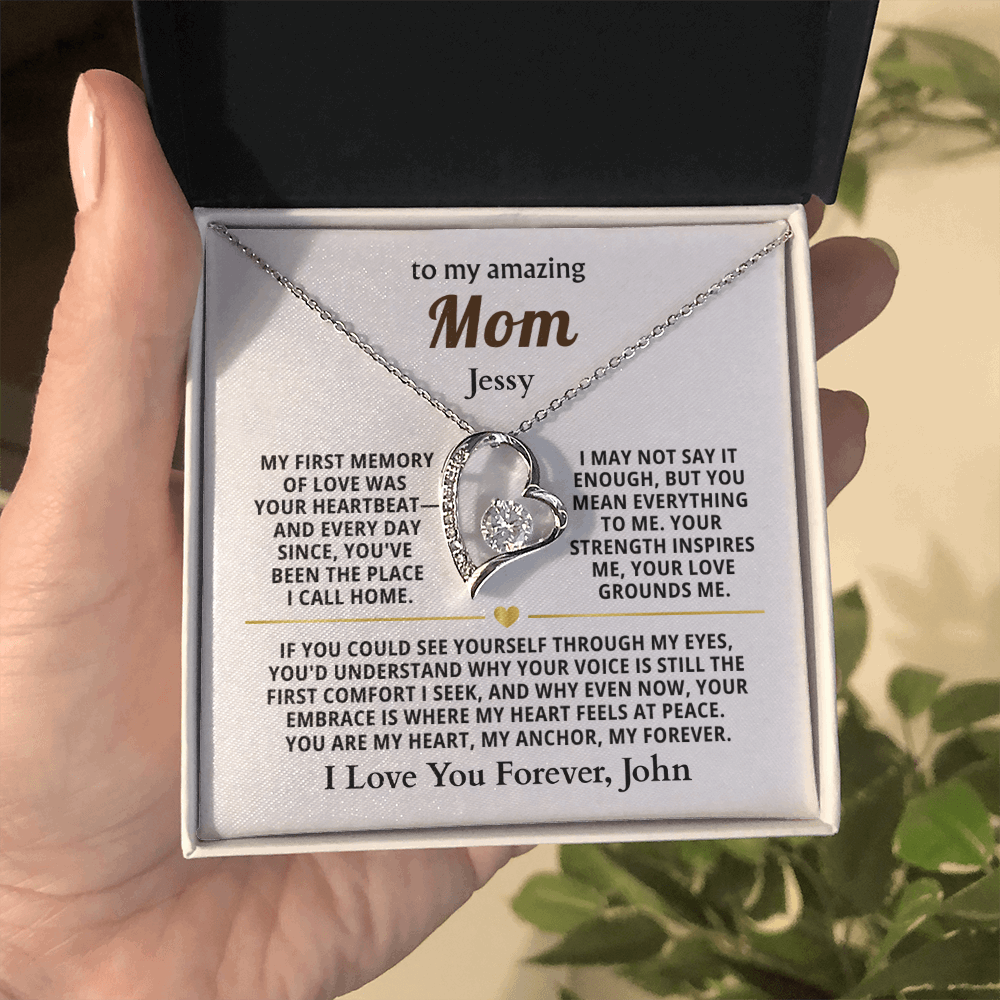 Personalized To My Mom Necklace - From Son or Daughter - Heartfelt Gift Set for Christmas, Mother's Day or Birthday (white card)