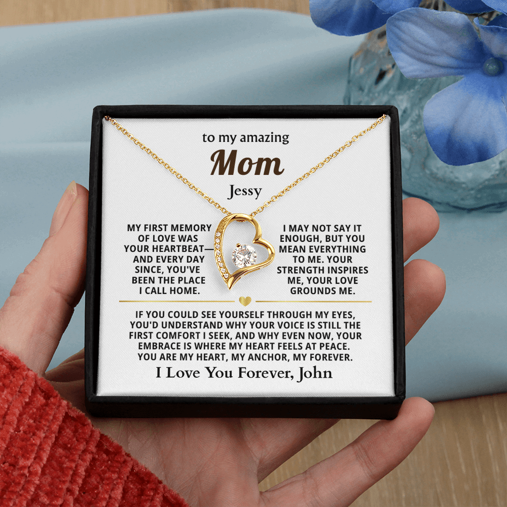 Personalized To My Mom Necklace - From Son or Daughter - Heartfelt Gift Set for Christmas, Mother's Day or Birthday (white card)