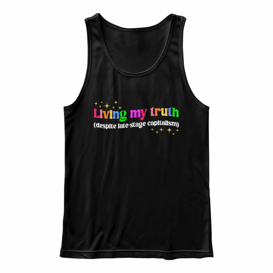 Living My Truth unisex black jersey tank top with colorful LGBTQ Pride elements – queer clothing for Pride events and casual wear