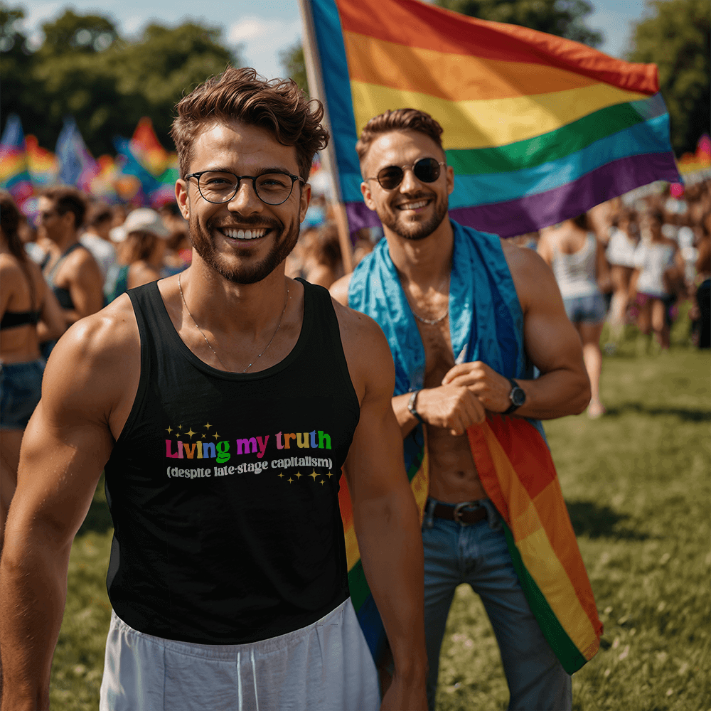 Two men, one of them wearing the Living My Truth LGBTQ Pride tank top styled for Pride parade – colorful queer clothing for festivals and casual style