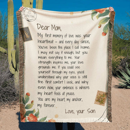 To My Mom Printed Woven Blanket - From Son - Heartfelt Message Perfect for Christmas, Mother's Day or Birthday