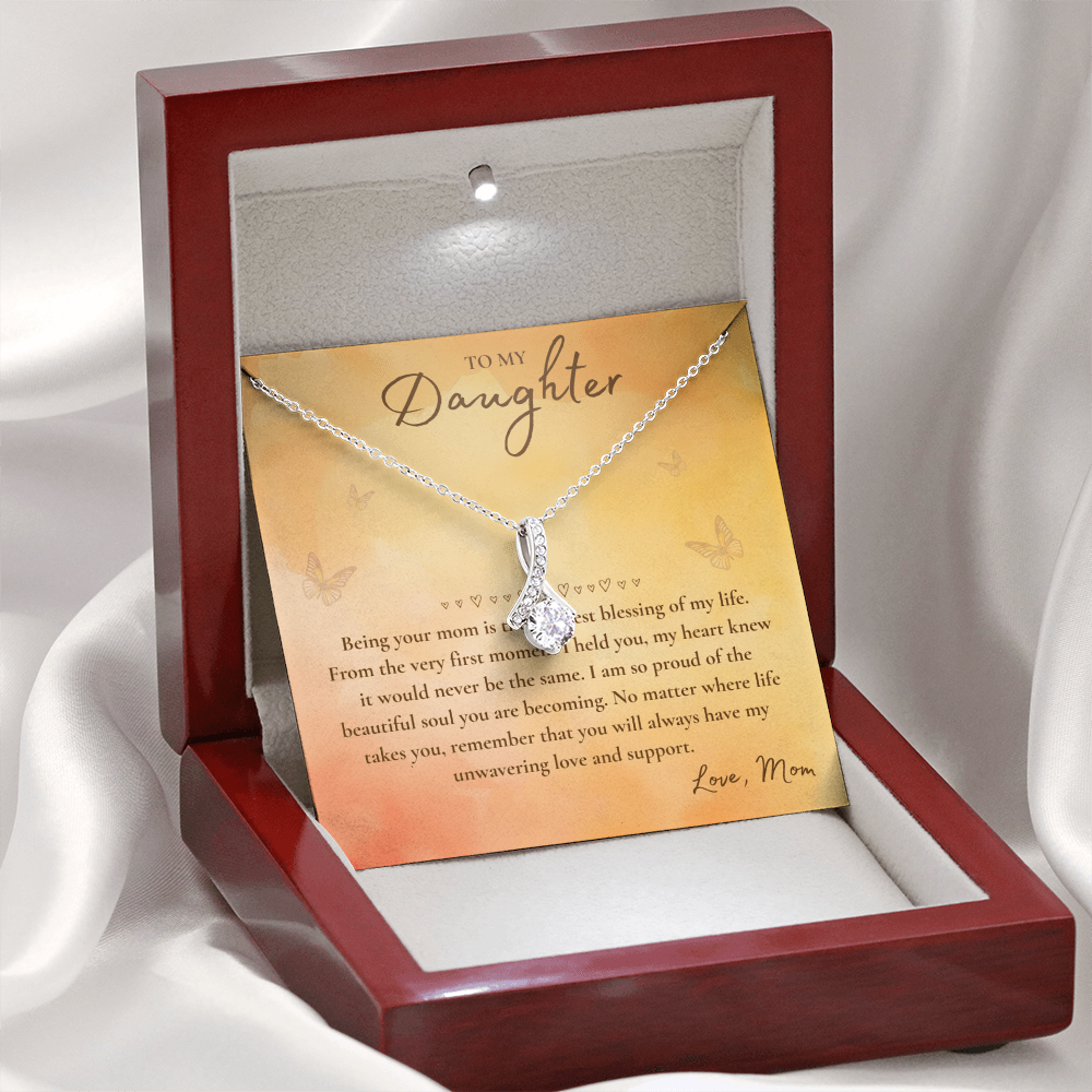 To My Daughter Necklace from Mom – Heart Pendant with Message Card in Soft Touch or Luxury Mahogany Box (Perfect Birthday, Graduation, or Christmas Gift)