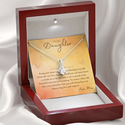 To My Daughter Necklace from Mom – Heart Pendant with Message Card in Soft Touch or Luxury Mahogany Box (Perfect Birthday, Graduation, or Christmas Gift)