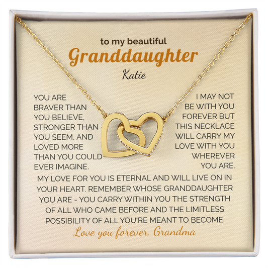 Personalized Granddaughter Gift Necklace - Interlocking Hearts Necklace with Message from Grandma or Grandpa