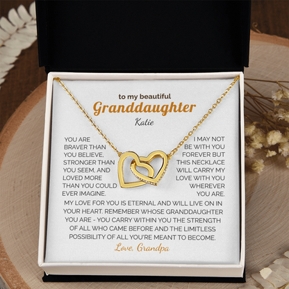 Personalized Granddaughter Gift Necklace - Interlocking Hearts Necklace with Message from Grandma or Grandpa (white card)