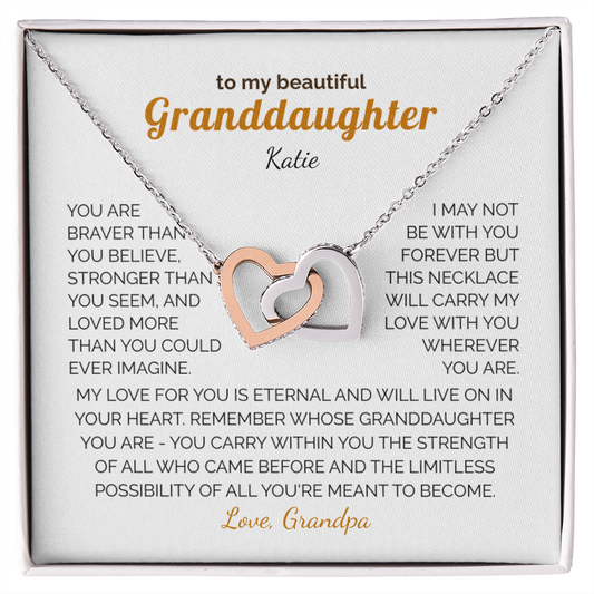 Personalized Granddaughter Gift Necklace - Interlocking Hearts Necklace with Message from Grandma or Grandpa (white card)