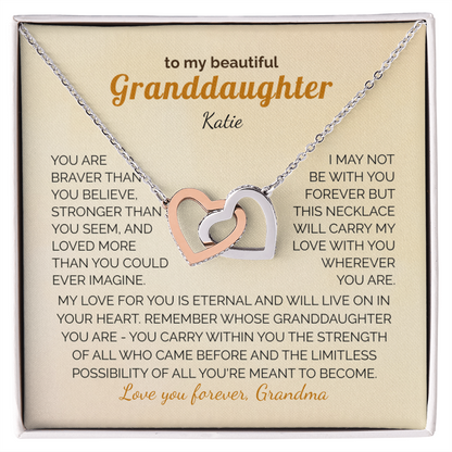 Personalized Granddaughter Gift Necklace - Interlocking Hearts Necklace with Message from Grandma or Grandpa