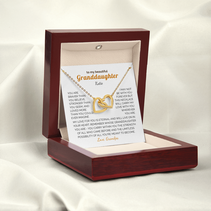 Personalized Granddaughter Gift Necklace - Interlocking Hearts Necklace with Message from Grandma or Grandpa (white card)