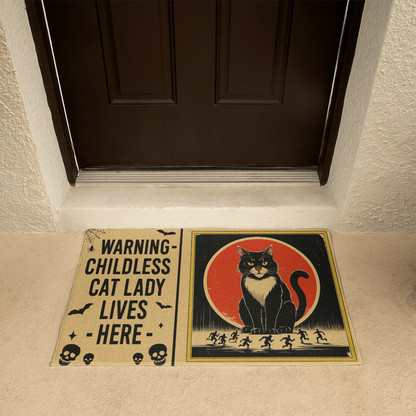 Funny Halloween Doormat – ''WARNING: Childless Cat Lady Lives Here'' – Spooky Witchy Black Cat Welcome Mat for Cat Moms & Child-Free Home Decor