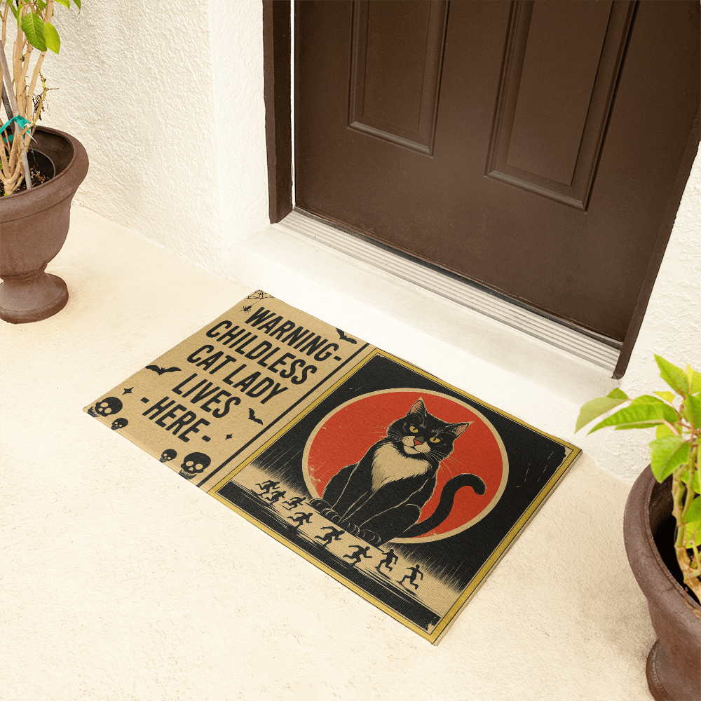 Funny Halloween Doormat – ''WARNING: Childless Cat Lady Lives Here'' – Spooky Witchy Black Cat Welcome Mat for Cat Moms & Child-Free Home Decor