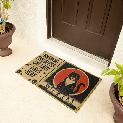 Funny Halloween Doormat – ''WARNING: Childless Cat Lady Lives Here'' – Spooky Witchy Black Cat Welcome Mat for Cat Moms & Child-Free Home Decor