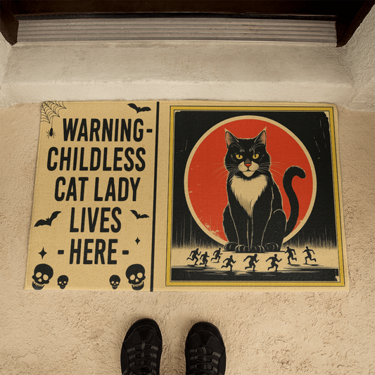 Funny Halloween Doormat – ''WARNING: Childless Cat Lady Lives Here'' – Spooky Witchy Black Cat Welcome Mat for Cat Moms & Child-Free Home Decor