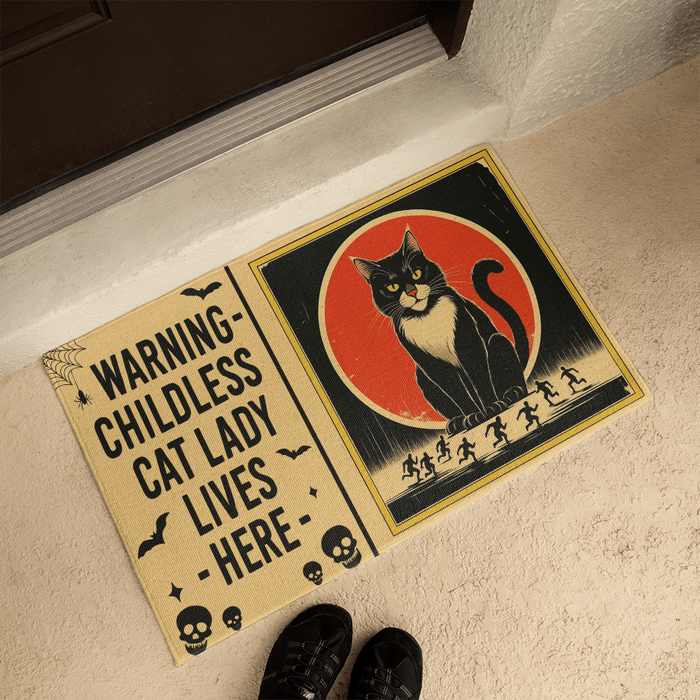 Funny Halloween Doormat – ''WARNING: Childless Cat Lady Lives Here'' – Spooky Witchy Black Cat Welcome Mat for Cat Moms & Child-Free Home Decor
