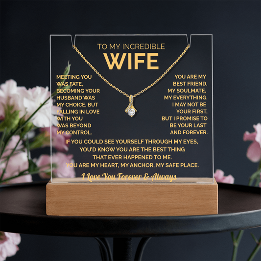 To My Wife Acrylic Plaque & Timeless Necklace: Heartfelt Gift for Wife, Anniversary & Birthday Keepsake, Christmas Gift Idea Husband to Wife