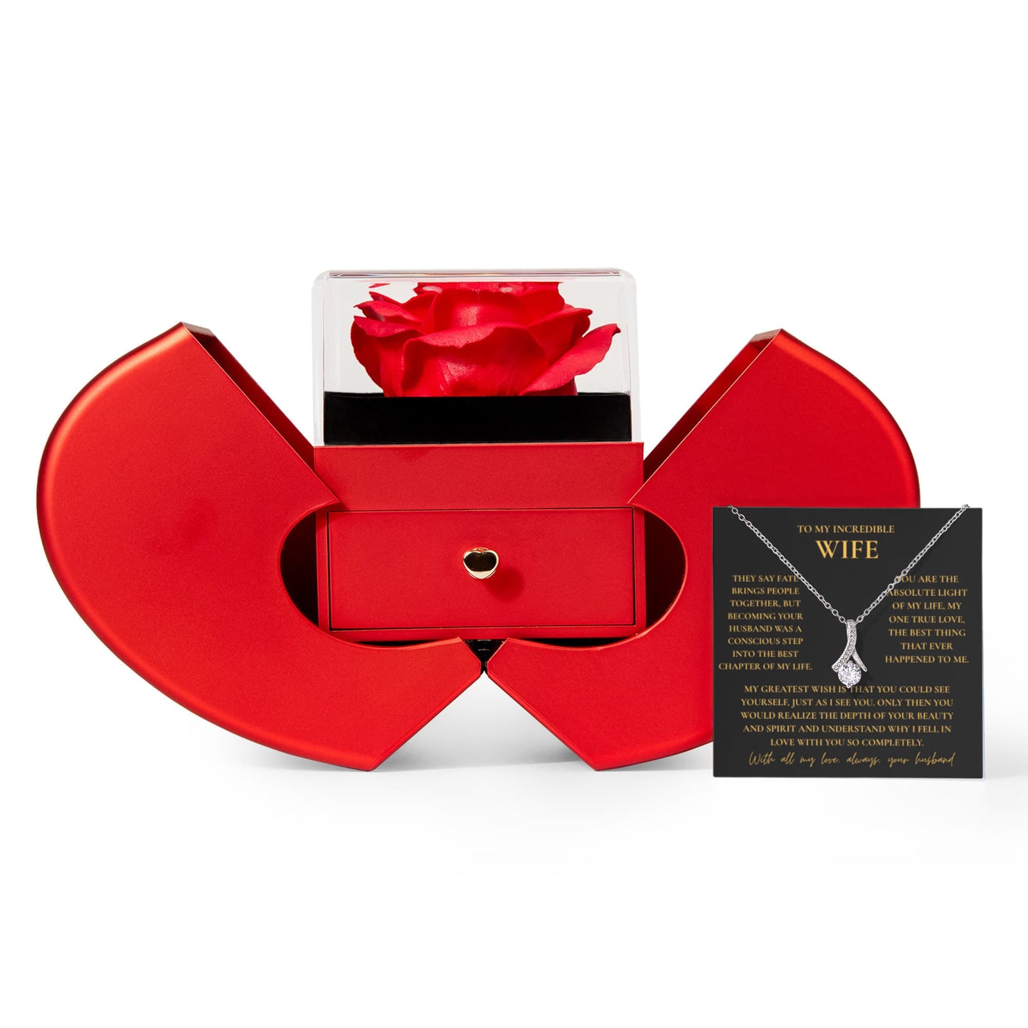 To My Wife Necklace — Romantic Message Necklace with Red Heart Gift Box | Anniversary & Valentine's Gift