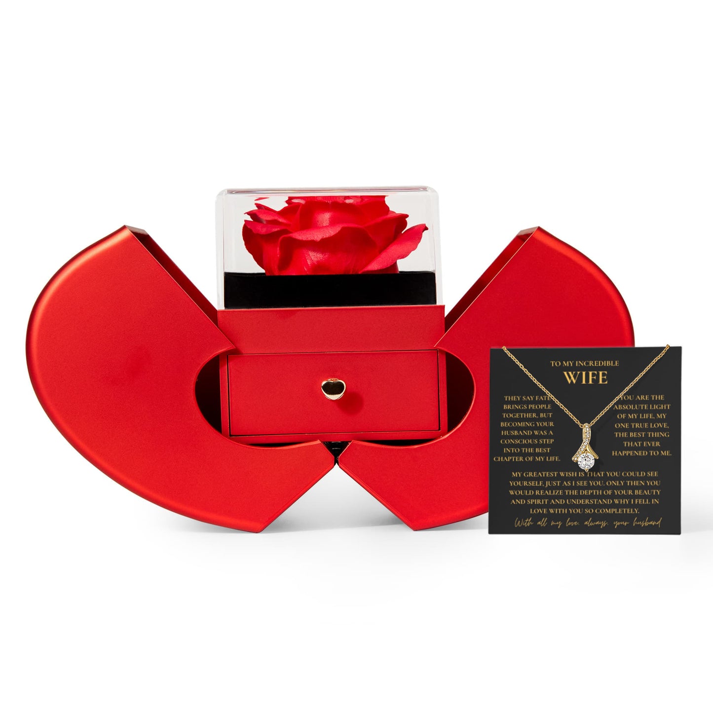 To My Wife Necklace — Romantic Message Necklace with Red Heart Gift Box | Anniversary & Valentine's Gift