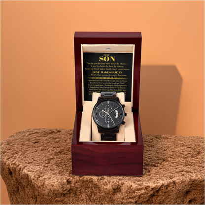 Watch for Adopted Son from Dad — “Love Makes Family” Adoption Keepsake Gift — Sentimental Father to Son Gift — Black Chronograph Watch