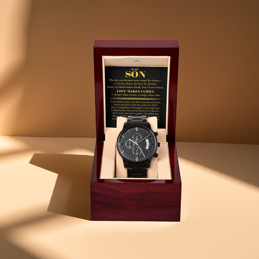 Watch for Adopted Son from Dad — “Love Makes Family” Adoption Keepsake Gift — Sentimental Father to Son Gift — Black Chronograph Watch