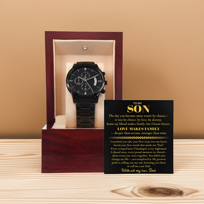 Watch for Adopted Son from Dad — “Love Makes Family” Adoption Keepsake Gift — Sentimental Father to Son Gift — Black Chronograph Watch
