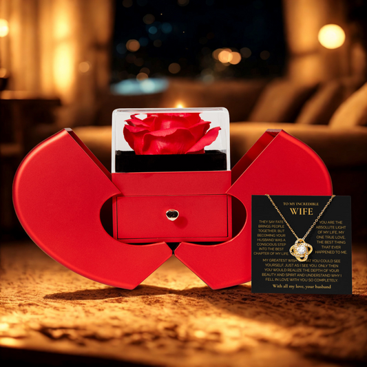 ''To My Wife" Love Knot Necklace – Elegant Red Rose Gift Box with Heartfelt Message
