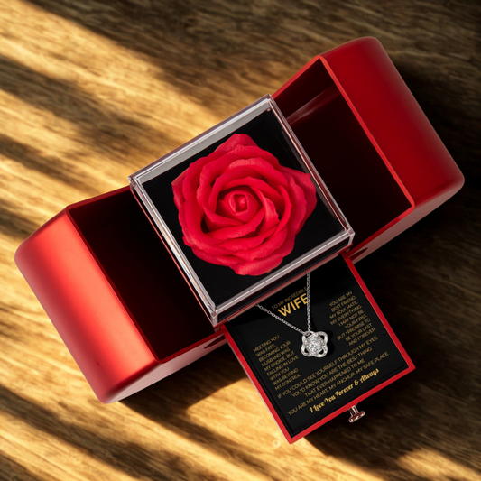 ''To My Wife'' Love Knot Necklace – Elegant Red Rose Gift Box with Heartfelt Message for Christmas, Birthday or Anniversary