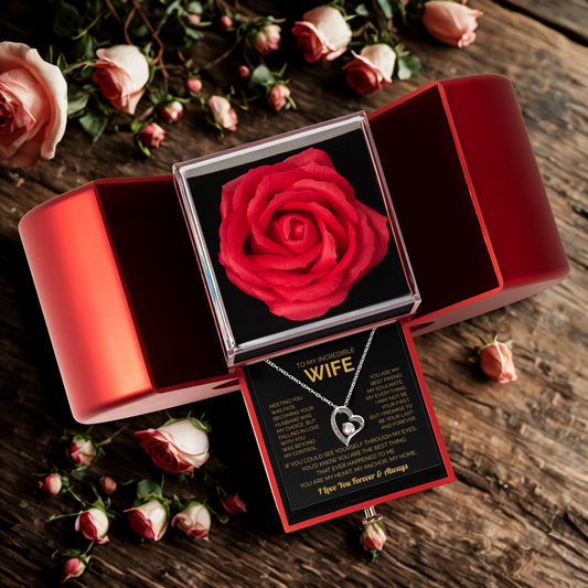 To My Wife – Heart Necklace with Red Rose Gift Box | Romantic Jewelry Gift for Christmas, Birthday & Anniversary