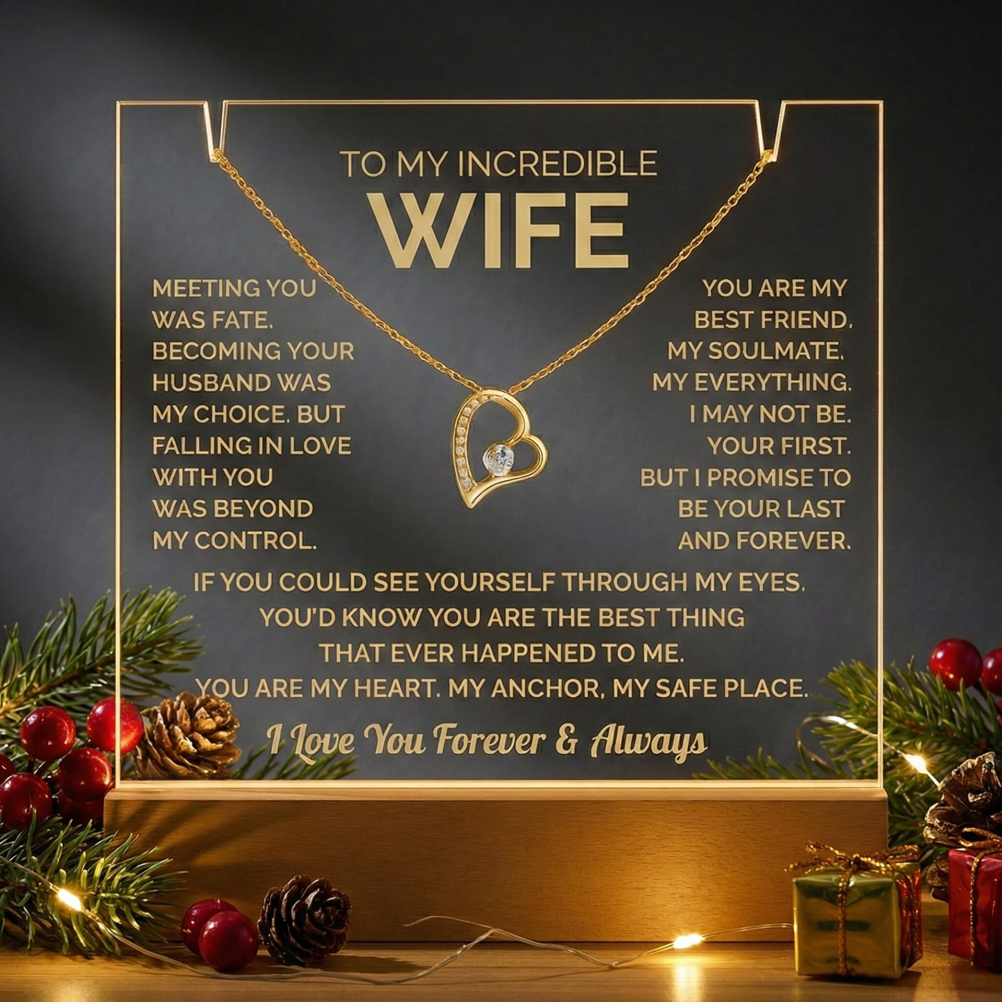 To My Wife Acrylic Plaque & Heart Necklace: Heartfelt Gift for Wife, Anniversary & Birthday Keepsake, Christmas Gift Idea Husband to Wife