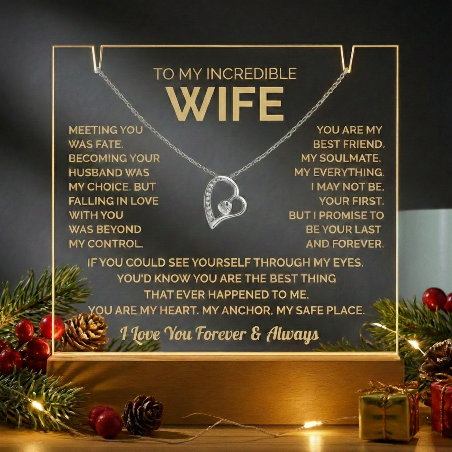 To My Wife Acrylic Plaque & Heart Necklace: Heartfelt Gift for Wife, Anniversary & Birthday Keepsake, Christmas Gift Idea Husband to Wife